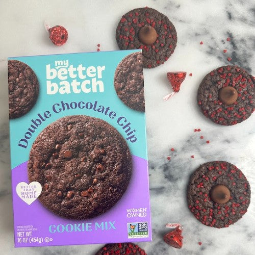 Valentine's Day Blossoms next to My Better Batch Double Chocolate Chip cookie mix.
