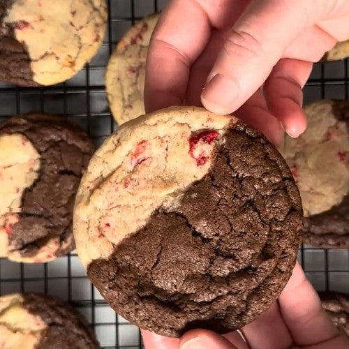 A picture of chocolate and strawberry cookie mashups.
