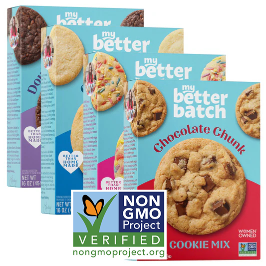 All My Better Batch cookie mix flavors, Non-GMO Project Verified.