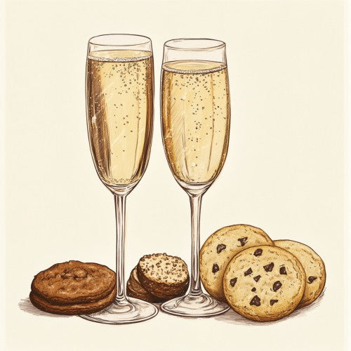 Illustration of champagne glasses paired with cookies.