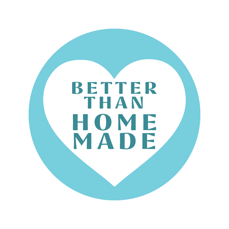 A blue around icon with a white heart inside that includes the words "Better Than Homemade" inside the heart.