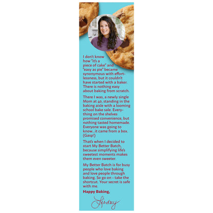 The side panel of the My Better Batch Chocolate Chunk Cookie Mix box which includes an image of our founder, Lindsay, and the story behind the My Better Batch brand.