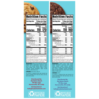 The side panel of the My Better Batch Chocolate Chunk Cookie Mix and My Better Batch Double Chocolate Chip Cookie Mix which includes nutritional fact panel, ingredients, allergen statement, and business contact information.