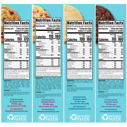 The side panel of each My Better Batch Cookie Mix included in the "Try Them All" Variety Pack which includes Chocolate Chunk, Double Chocolate Chip, Classic Sugar, and Celebration Cookie Mixes and includes nutritional fact panel, ingredients, allergen statement, and business contact information.