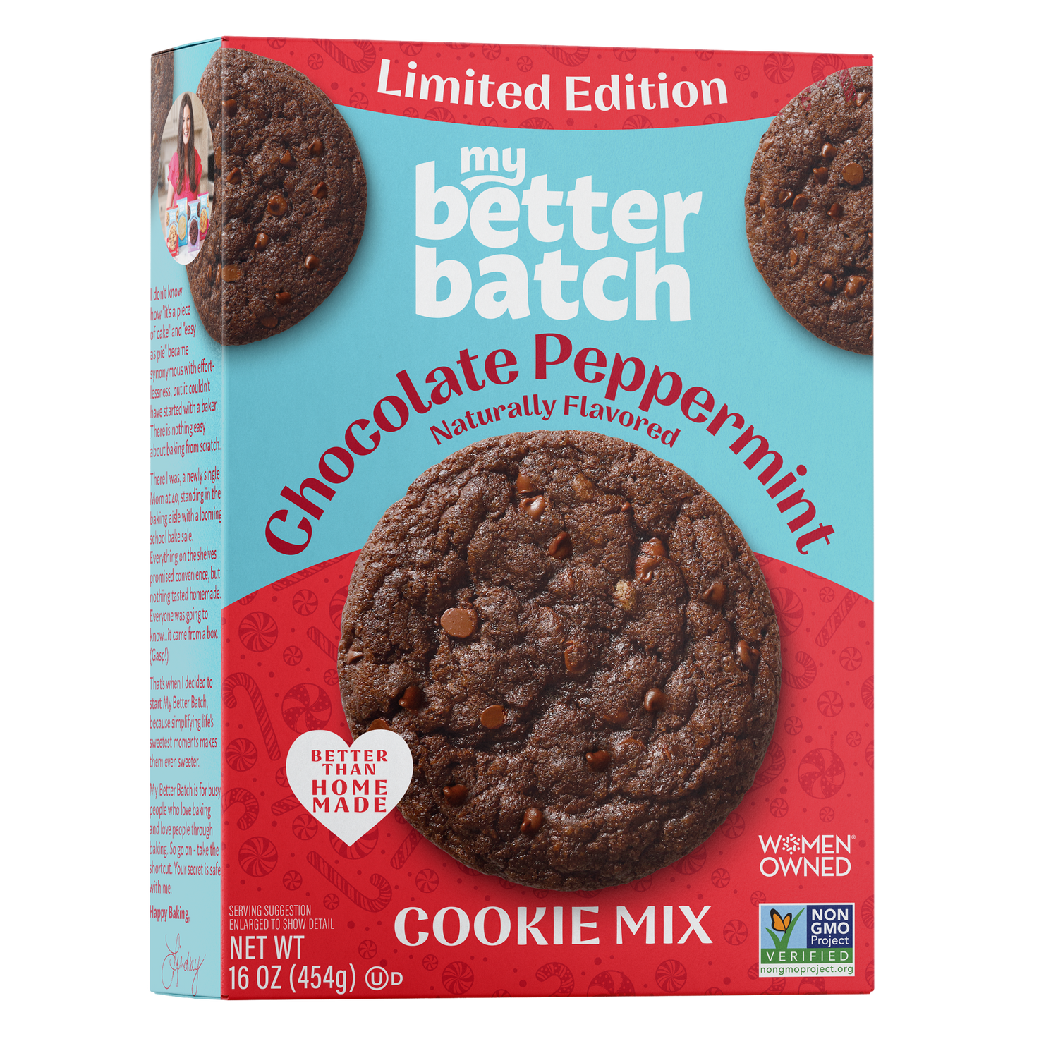 My Better Batch Chocolate Peppermint Cookie Mix box, front and side view