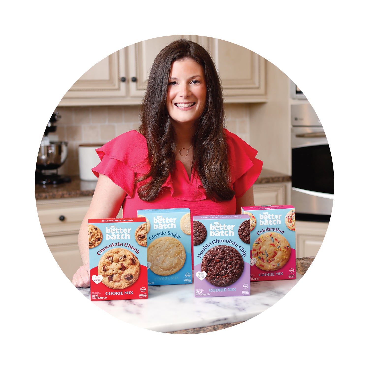 Lindsay, the founder of My Better Batch, in the kitchen with her boxed cookie mixes.